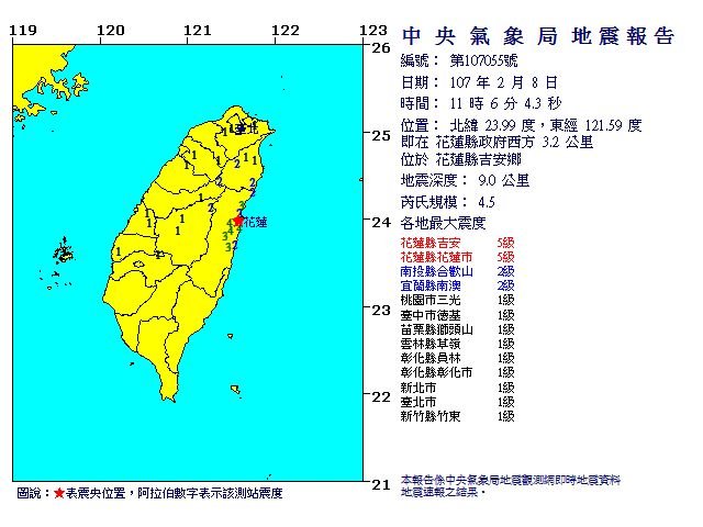 11:06規模4.5餘震 花蓮市震度6級