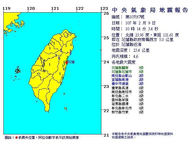 花蓮近海規模4.6地震  強震後餘震