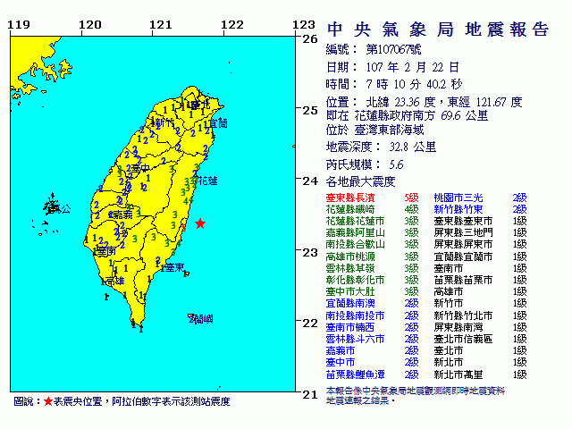 07:10東部海域規模5.6地震 台東震度5級