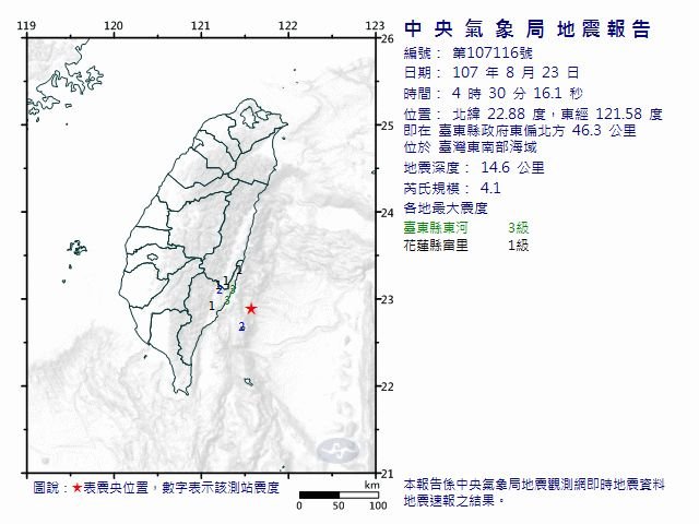 凌晨規模4.1地震 台東最大震度3級