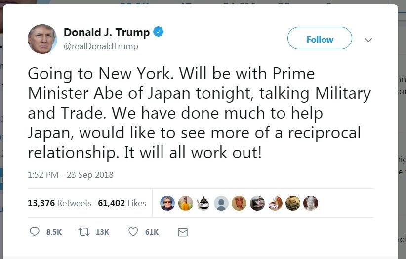 川普會安倍前推文 日媒：美盼日讓步