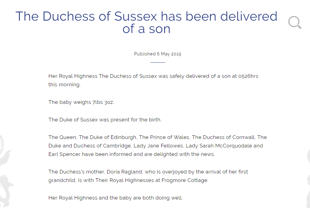 英國王妃梅根喜獲麟兒 王室第七順位繼承人