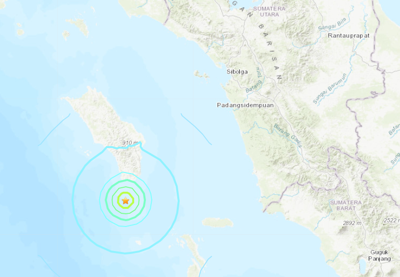 USGS：印尼蘇門答臘外海傳規模6.2地震