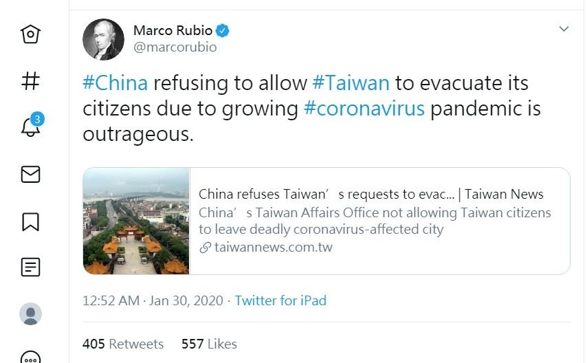 台灣人受困武漢 美參議員指中國政治操弄公衛