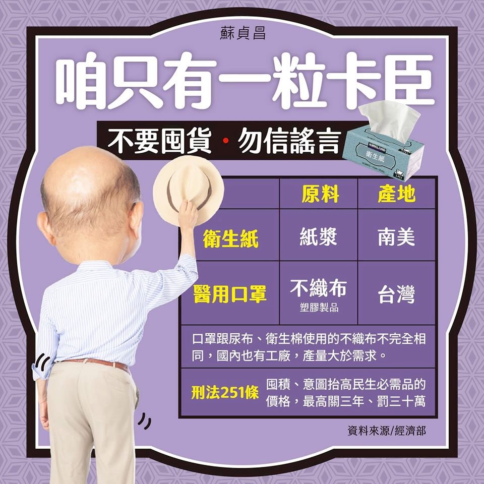 口罩原料非紙漿 蘇揆：人只有一個屁股 勿囤衛生紙