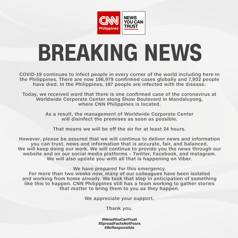 同大樓傳出確診 CNN菲律賓台停播至少24小時