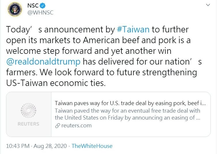 台開放美牛豬 白宮國安會：期待強化美台經貿關係