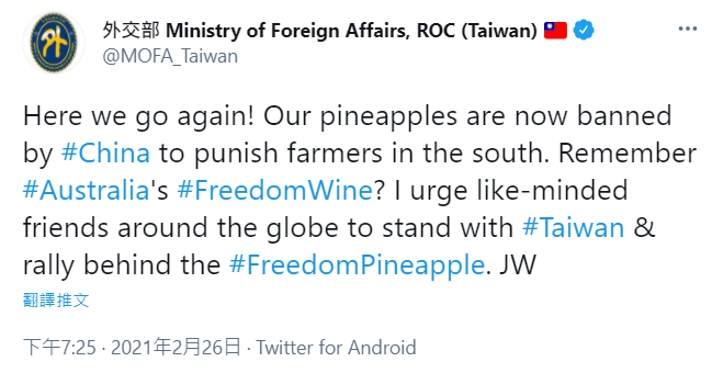 中國暫停進口 &nbsp;吳釗燮籲各國力挺台灣自由鳳梨