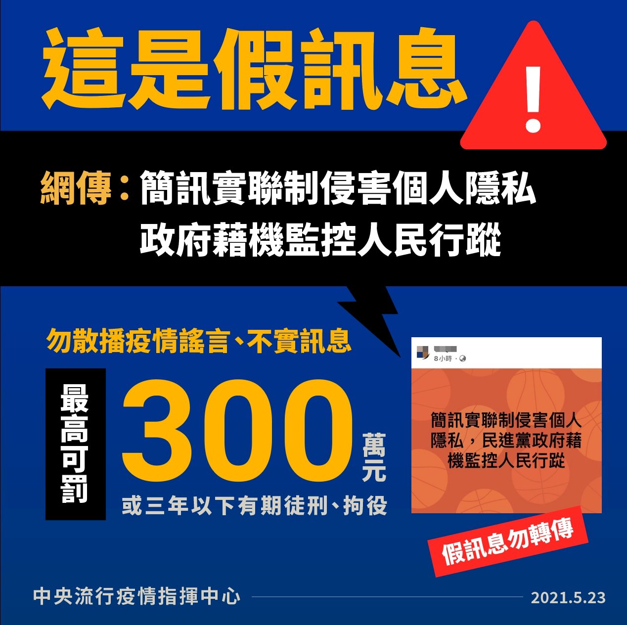 網傳簡訊實聯制監控行蹤 指揮中心：不實訊息勿轉傳以免觸法