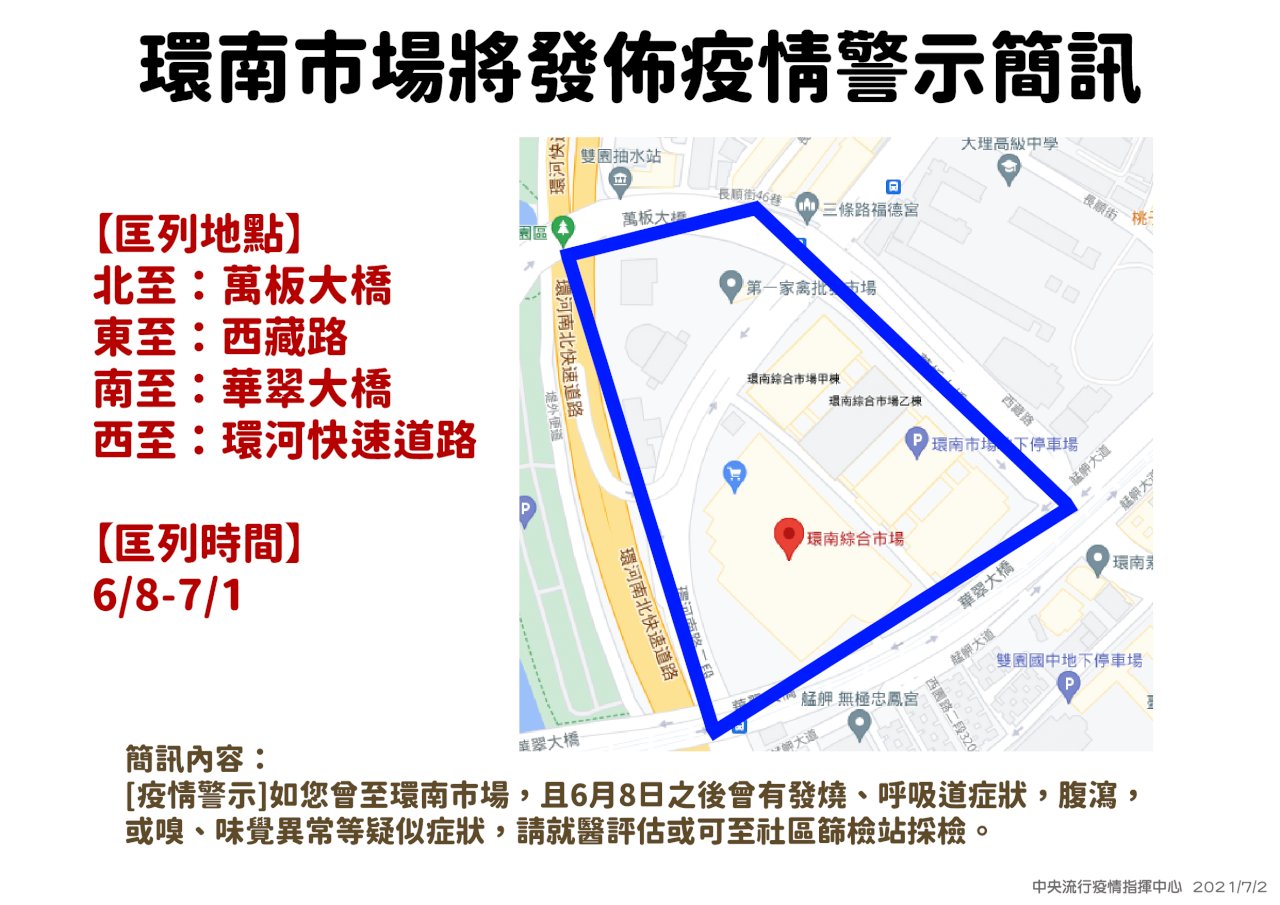 6/8起曾於北市環南市場活動者注意 指揮中心將發疫情警示簡訊