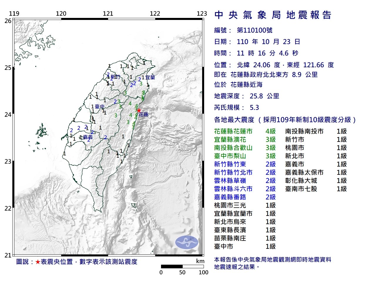 11:16花蓮近海發生芮氏規模5.3地震