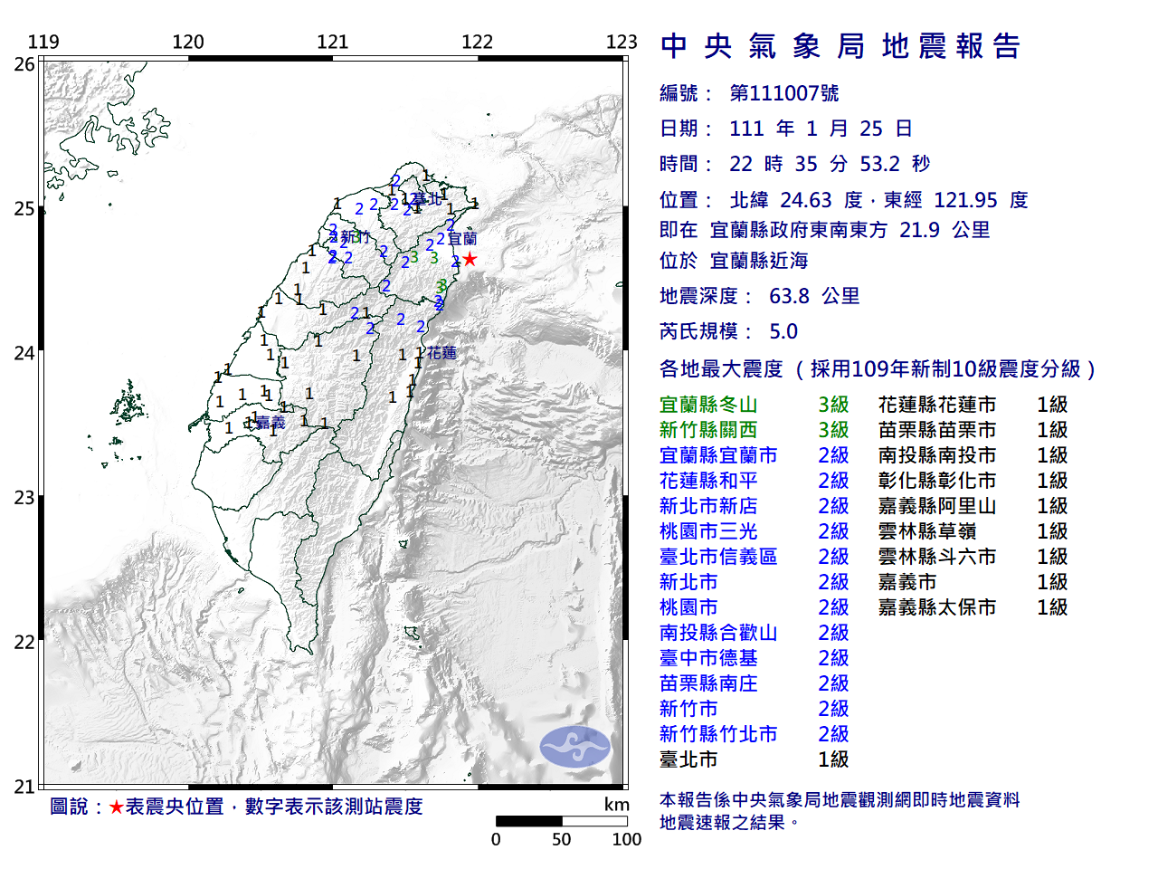 宜蘭近海22：35地震 規模5.0