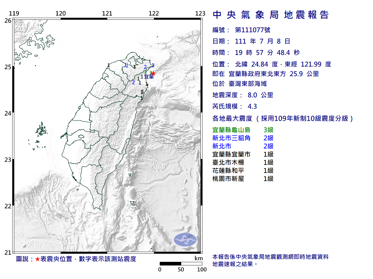 宜蘭地震規模4.3&nbsp; 最大震度3級