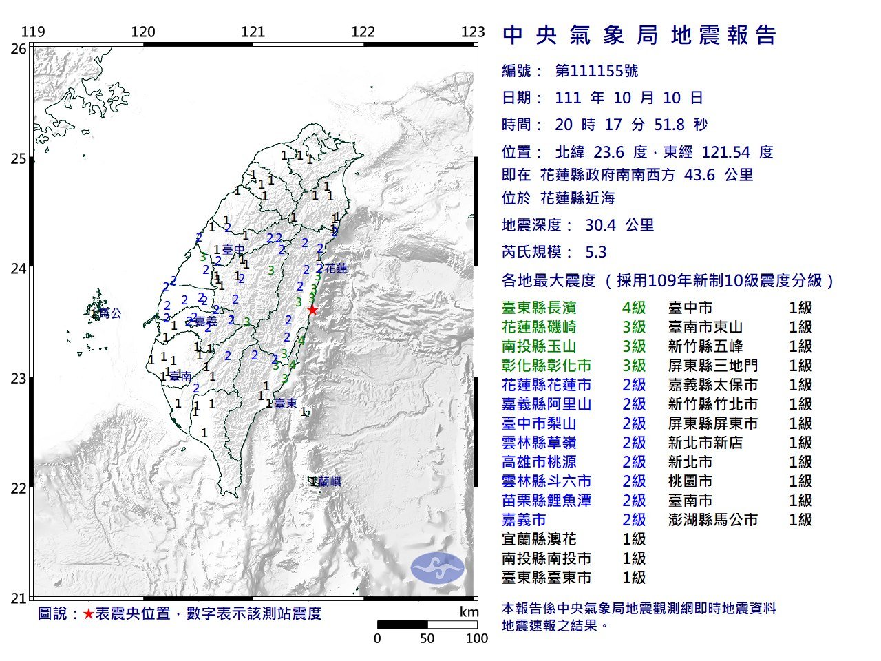 花蓮近海地震規模5.3&nbsp; 最大震度台東4級