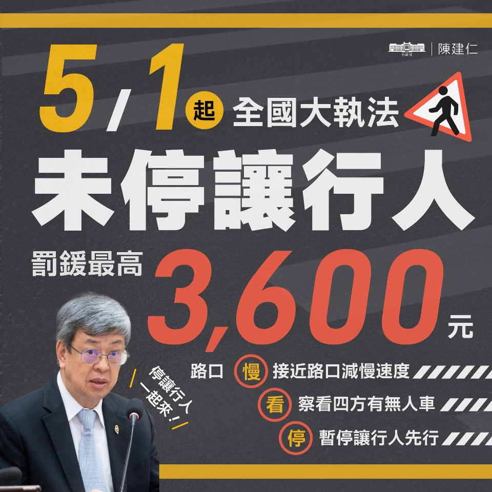 停讓行人大執法  陳揆：禮讓行人應成駕駛習慣