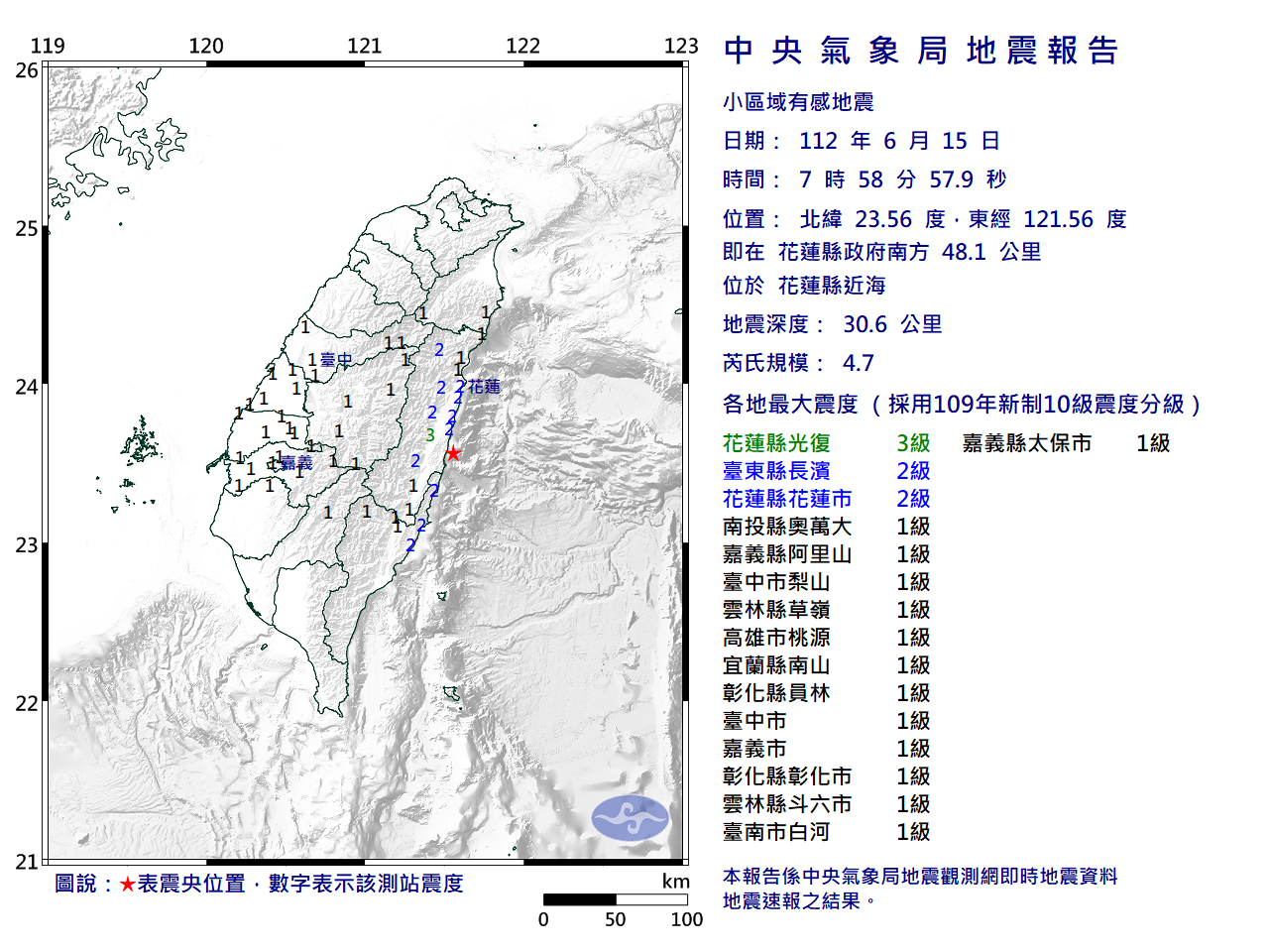 花蓮縣近海規模4.7地震 最大震度花蓮3級
