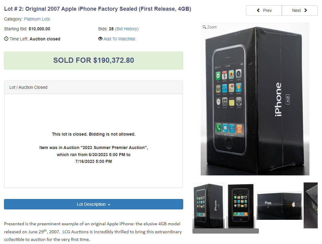 初代iPhone拍賣590萬成交 超過原價300倍