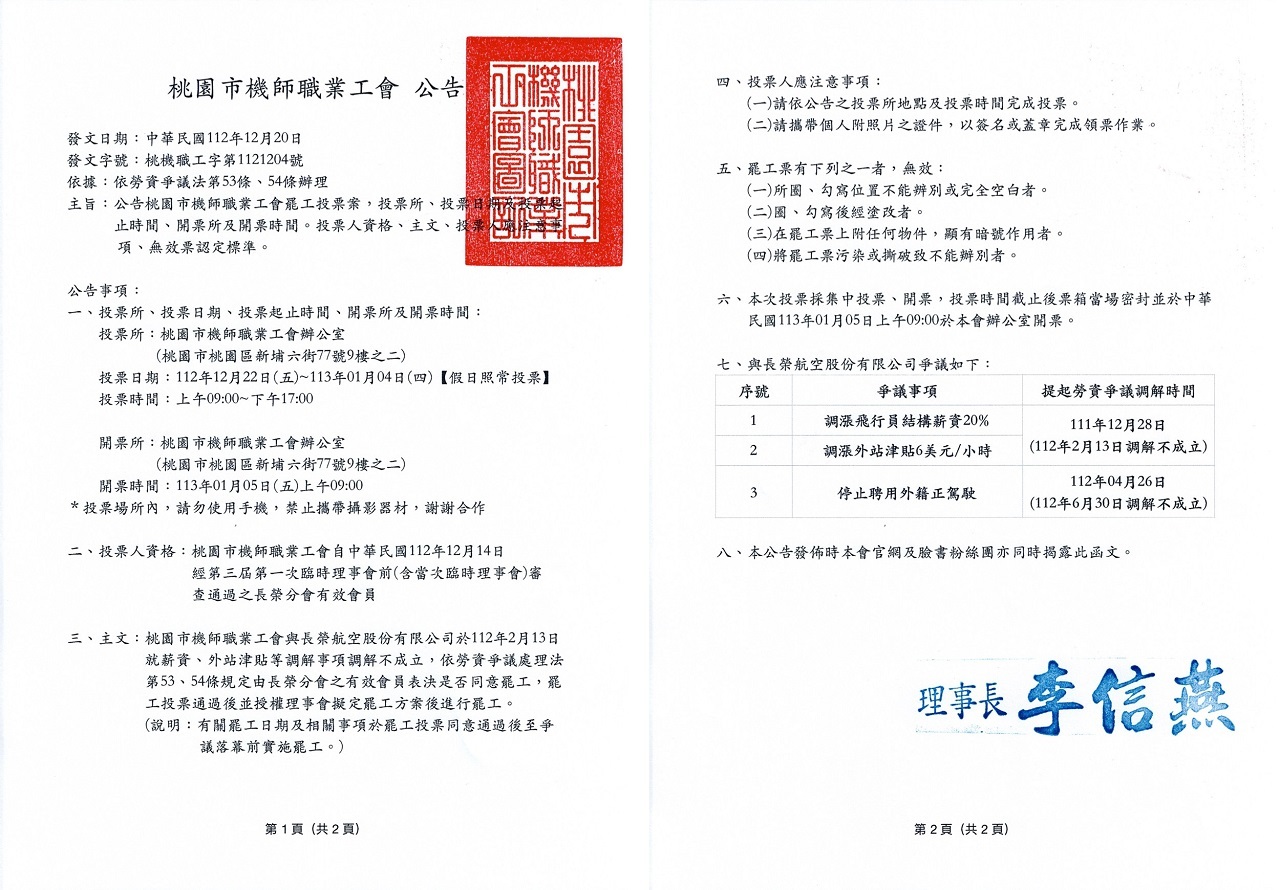 長榮機師罷工投票延至1/22開票 納機師工會其他會員投票