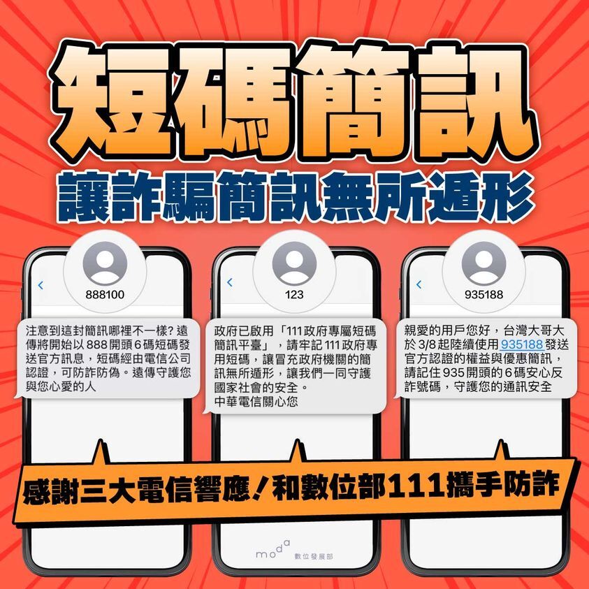 3大電信加入短碼簡訊 數位部：有專屬號碼可防詐