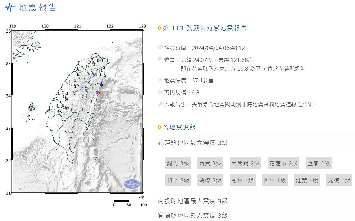 花蓮近海地震規模4.8 最大震度3級