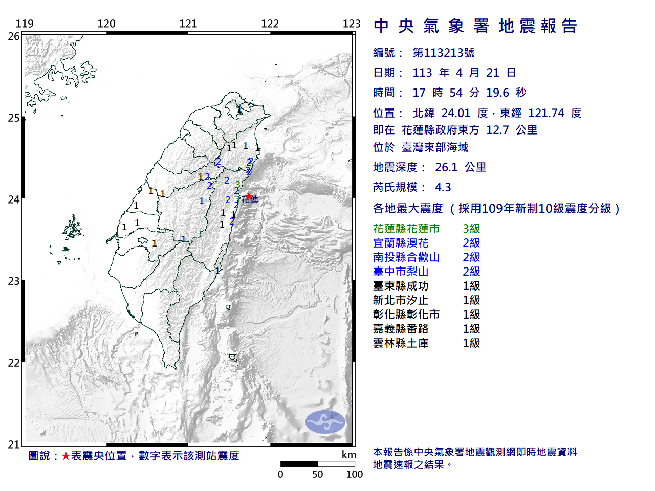東部海域地震規模4.3 &nbsp;最大震度花蓮3級