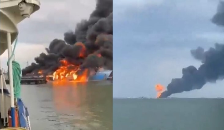 俄控高加索港遭烏軍襲擊 滿載燃油渡輪起火沉沒