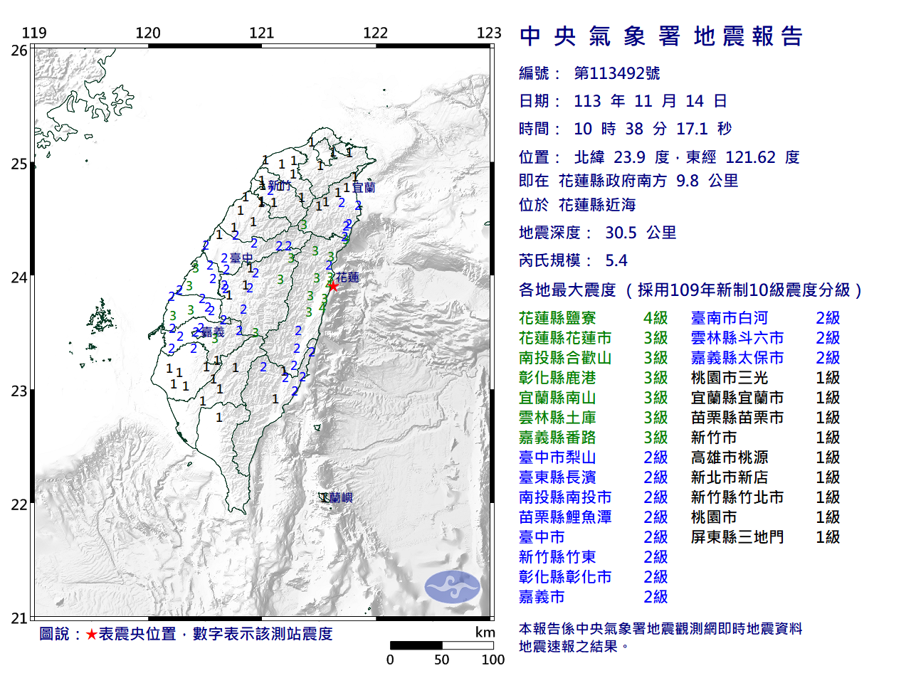 10:38花蓮規模5.4地震 最大震度花蓮4級