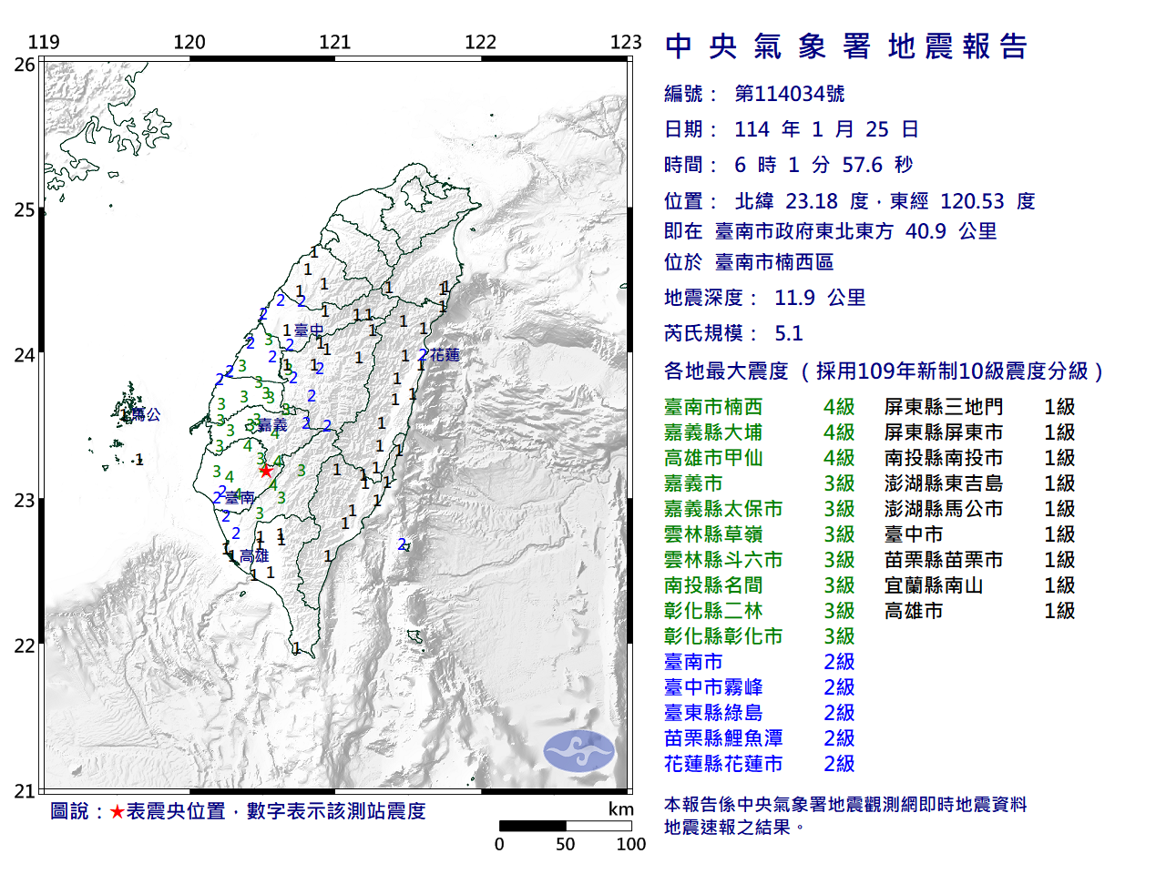 台南規模5.1地震  最大震度台南、高雄4級