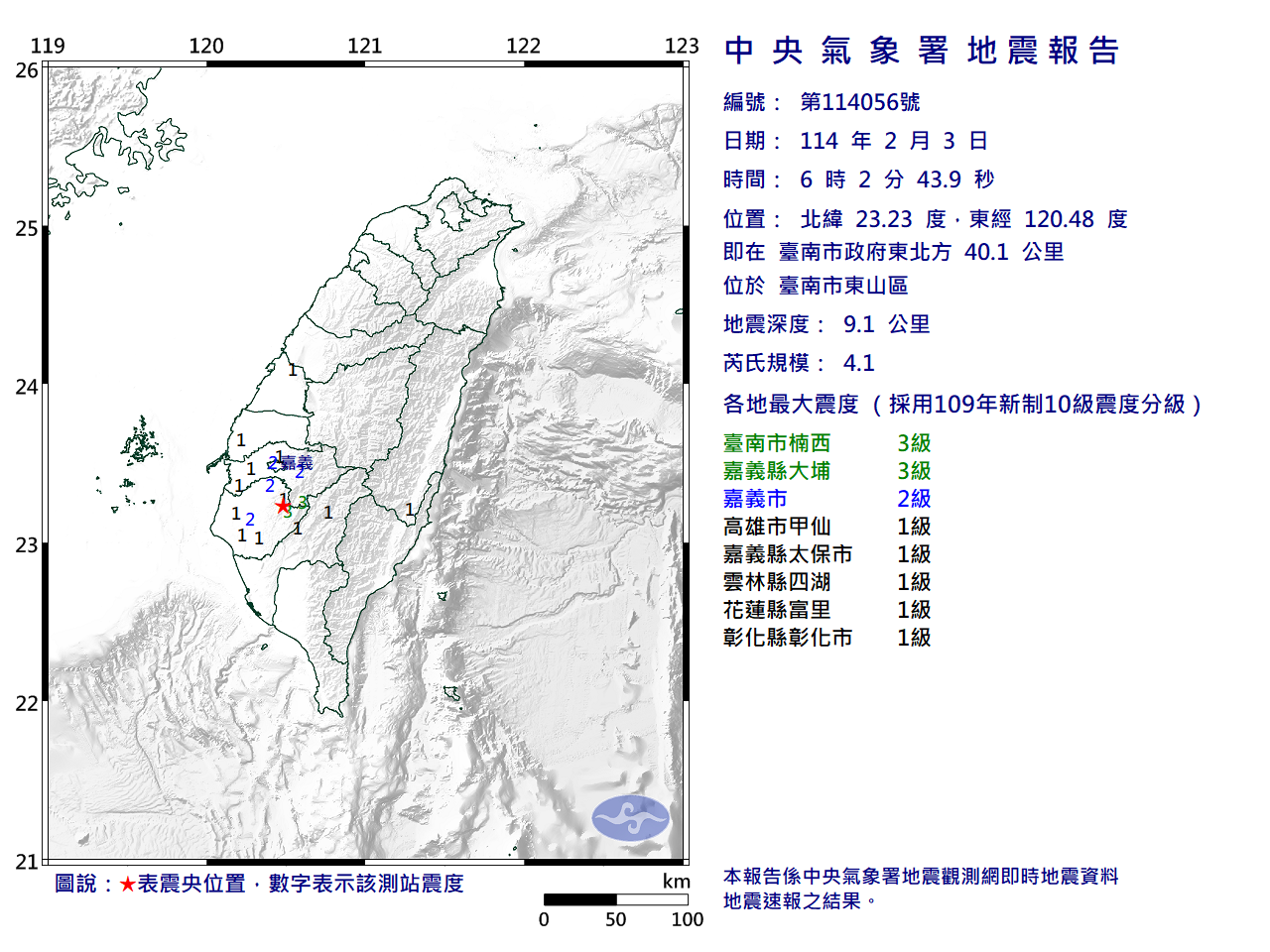 台南巿東山區今晨2地震 最大規模4.1震度3級