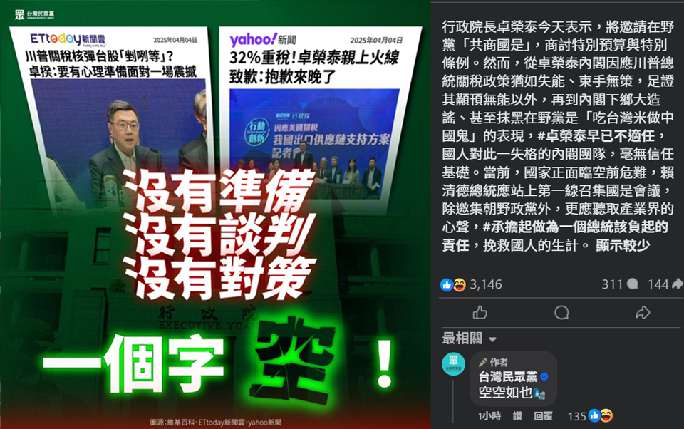 卓榮泰邀共商國是 白：應由賴總統召集負起責任